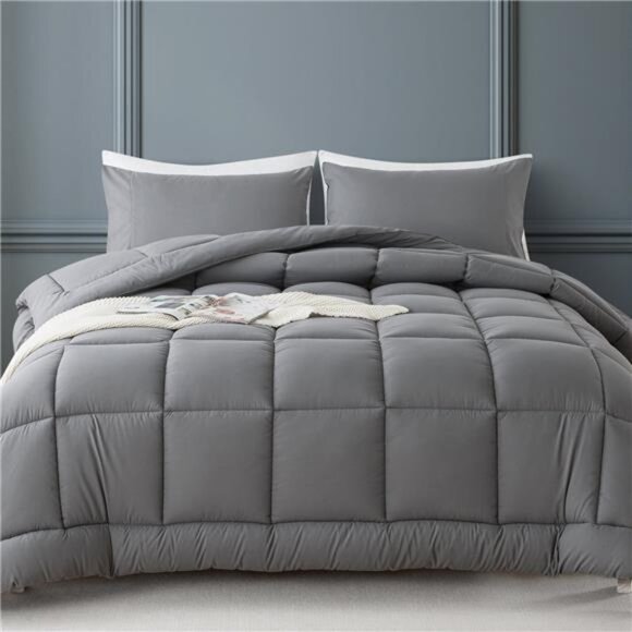 3-Piece Queen Size Down Alternative Comforter Set Dark Gray | Comforter + - Picture 7 of 7